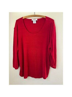 Vintage‎ Calison Women's 1X Red Ribbed Scoop Neck 3/4 Sleeve Top Holiday Glam